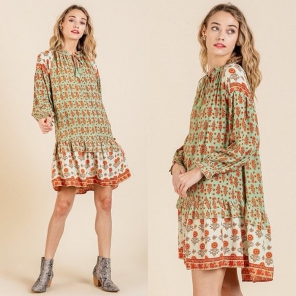 Umgee Floral Ruffled Cap Sleeve Tiered Dress